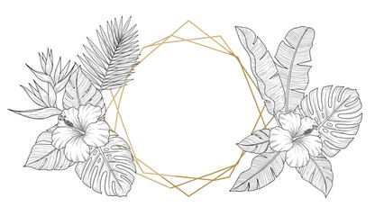Elegant gold geometric border is framed by detailed botanical illustrations of various tropical leaves and flowers in a fine line style. © MD