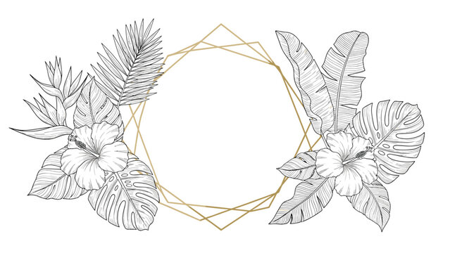 Elegant gold geometric border is framed by detailed botanical illustrations of various tropical leaves and flowers in a fine line style.