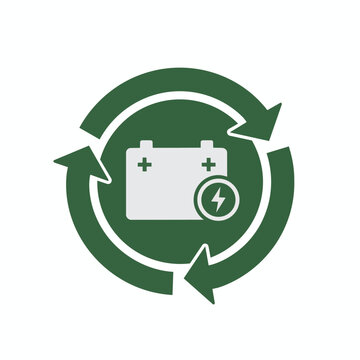 Battery recycling symbol with green arrows and white isolated illustration of car battery.