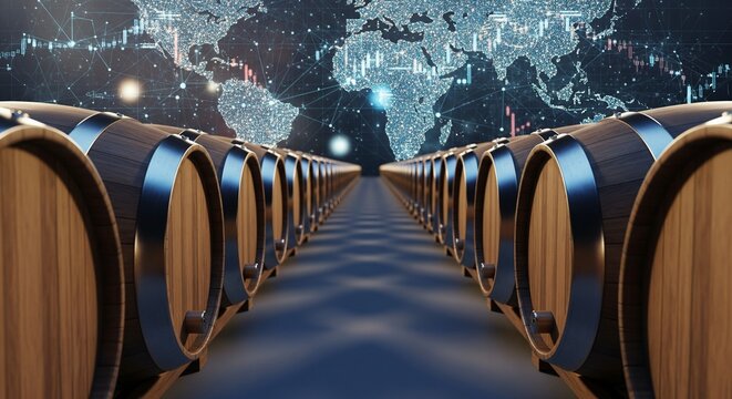Rows of wooden barrels for wine aging in front of a global stock market data visualization