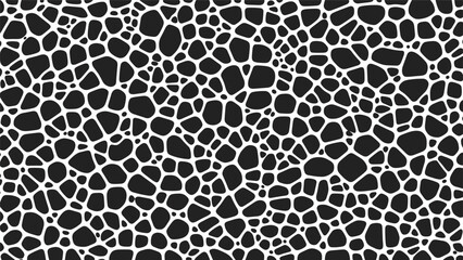 Abstract seamless pattern with a white organic cellular or stone mesh design on a solid black background for texture. © MD