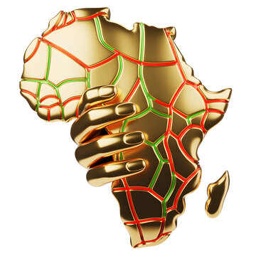 Golden Africa Continent Map Held by Human Hand Representing Economic Growth and Resource Investment Strategies for Emerging Market Development and Global Financial Partnership Applications
