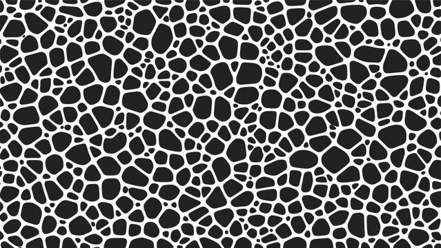Abstract seamless pattern with a white organic cellular or stone mesh design on a solid black background for texture.