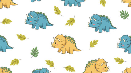 Cute seamless pattern featuring blue and yellow triceratops dinosaurs and green leaves on a white background for kids. © MD