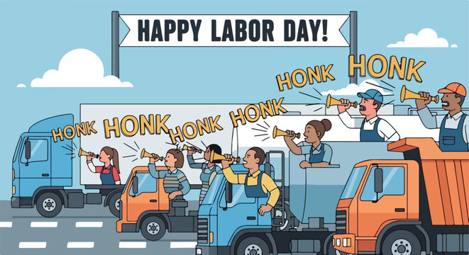 Colorful cartoon of diverse drivers honking horns on trucks for Labor Day rally