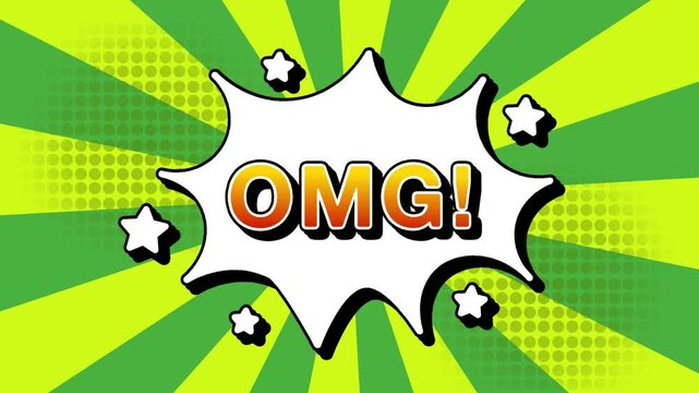 OMG oh my god text word lettering popup comic cartoon reveal with bomb and smoke explosion manga anime book page dots with radial speed lines doodle green background with seamless loop animation