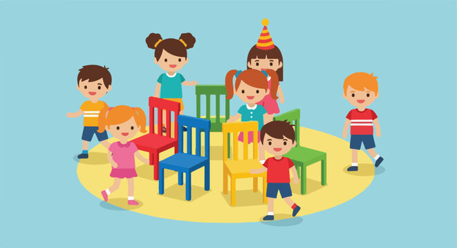 Happy cartoon children playing musical chairs around a circle of colorful seats