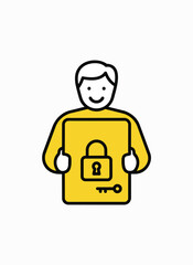Naklejka premium Person holding tablet showing locked padlock and key symbolizing digital security privacy identity protection online safety.