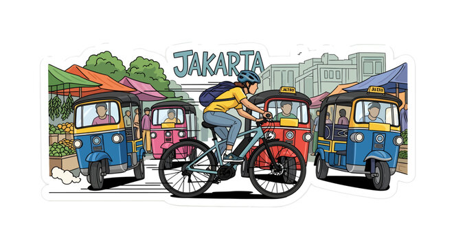 Cyclist riding through Jakarta streets with colorful tuk tuks