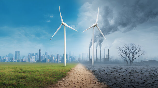 Environment contrasting clean energy and pollution with cityscapes and industrial pollution.
