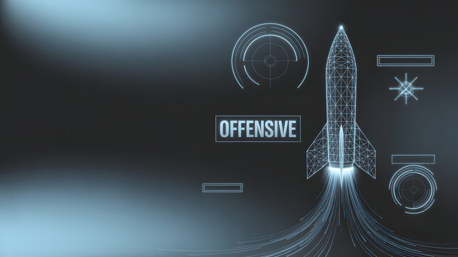 Digital Offensive Launch: A conceptual digital artwork showcases a rocket taking off, framed by futuristic tech elements and the bold word OFFENSIVE, representing strategy and forward motion.