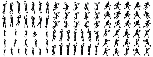 Basketball Player Silhouettes Set, Athletes Dribbling, Dunking, Shooting, and Jumping © Avartde