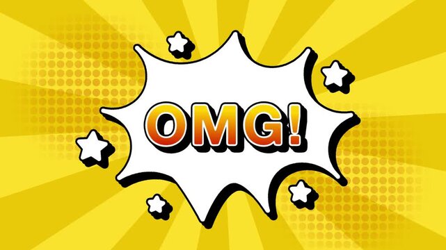 OMG oh my god text word lettering popup comic cartoon reveal with bomb and smoke explosion manga anime book page dots with radial speed lines doodle yellow background with seamless loop animation