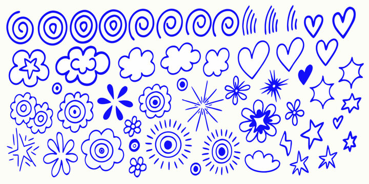 Collection of hand drawn blue doodles including hearts stars and flowers