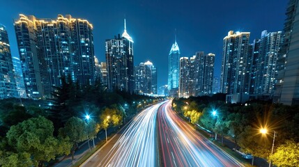 Fototapeta premium Dynamic Night City Timelapse With Traffic Light Trails in a Busy Urban Area