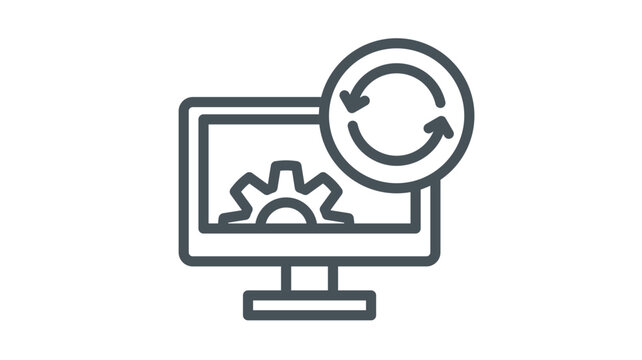 Minimalist black vector icon illustration of a computer monitor with a gear and refresh sync symbol, representing system update, software maintenance, data synchronization, and technical support.