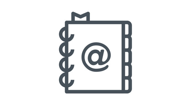 Minimalist black line art vector icon of an address book or contact directory featuring an at symbol, spiral binding, and index tabs, perfect for business, email, and communication design.