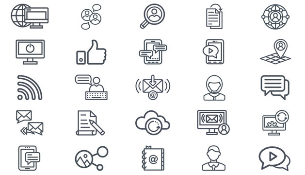 25 Black Vector Icon Set Collection Bundle featuring Minimalist Symbols for Communication, Technology, Business, Social Media, Email, Messaging, Cloud Sync, User Profiles, and Digital Networking