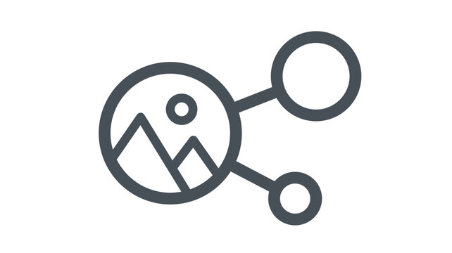 Photo sharing vector icon illustration featuring a circular landscape image connected to two nodes, representing digital media distribution, social networking, and image sharing concepts.