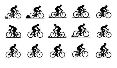 Cycling icon set bicycle riding silhouettes urban commute mountain biking vector isolated on white background © Sifat