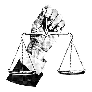 hand holding scales of justice, lawyer illustration