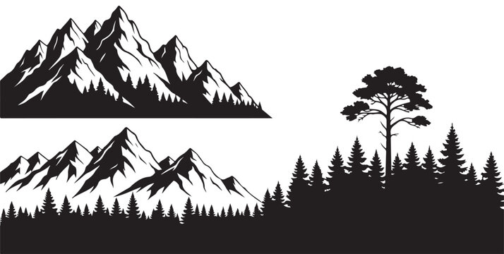 Mountains trees and a forest landscape black and white vector illustration.