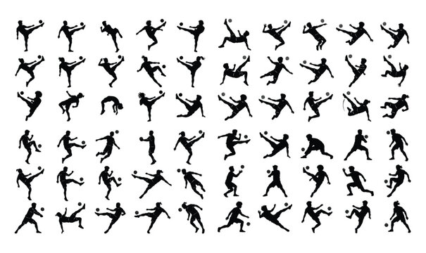 Sepak Takraw Player Silhouettes Set, Athletes Performing Acrobatics, Bicycle Kicks, and Spikes
