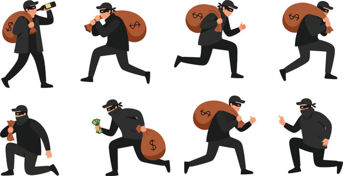 Thief Character Action Set with Robber Running, Stealing Money, Crime Scenes and Burglar Activities Cartoon Style Vector Illustration Collection