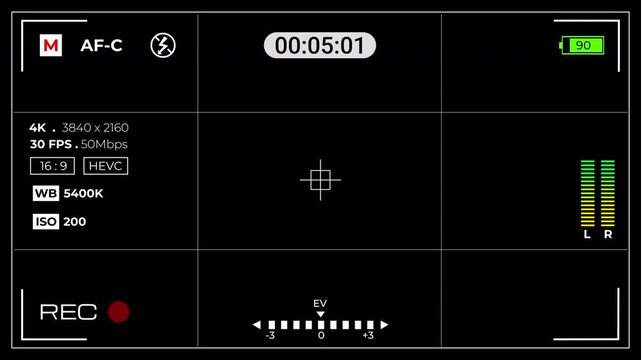 Digital Camera Recording Screen Interface with Timecode, Battery Indicator, Audio Levels, Exposure Settings, and Focus Crosshair Overlay. 4K video with alpha channel