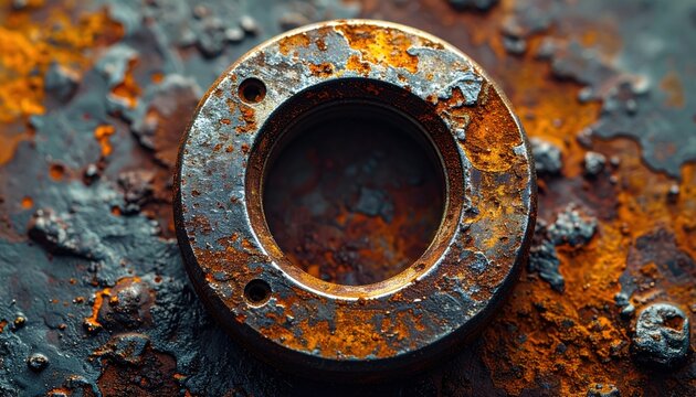 Close-up view of a heavily oxidized metal washer with a pitted and uneven surface, showcasing industrial decay and texture.