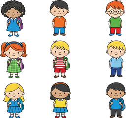 Fototapeta premium Cute School Kids Characters Set with Diverse Children, Students with Backpacks, Cartoon Style Boys and Girls Collection for Education Vector Illustration
