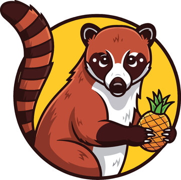 Cute cartoon coati holding a fresh pineapple fruit.