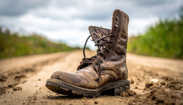 A single worn leather boot with separating sole and frayed laces standing upright on a dirt path with a cloudy sky above