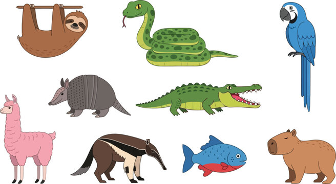 Wild Animals Collection Set with Sloth, Snake, Parrot, Crocodile, Armadillo, Llama, Anteater, Fish and Capybara Cartoon Vector Illustration