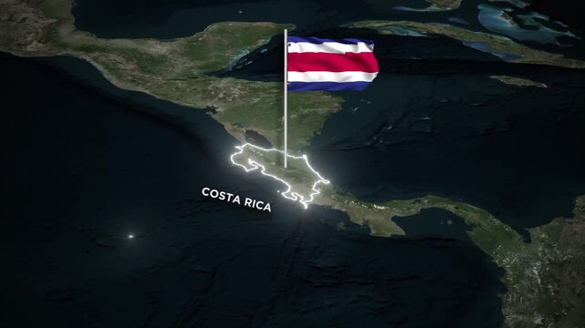 Costa Rica Map Animation and 3D Waving of Costa Rica National Flag and Glowing Border Animation on World Map