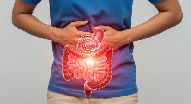 Person with intense gut pain, visualizing diseased intestines, stomach, and digestive tract, representing illness, medical diagnosis, and healthcare concerns