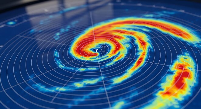 A colorful weather radar display showing a swirling storm pattern with a radial grid and "T" symbol. This high-tech map visualizes meteorological data, wind intensity, and climate tracking