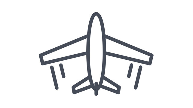 Minimalist airplane vector icon illustration featuring a top-down view of a flying aircraft with motion lines, perfect for travel, aviation, transport, and tourism graphic design projects.