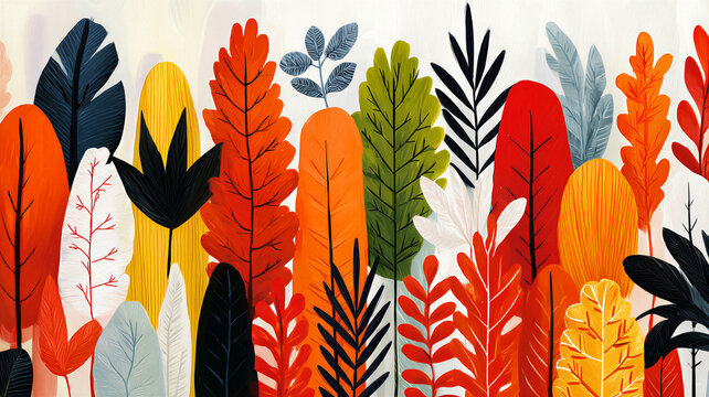 Colorful Abstract Foliage Illustration with Vibrant Autumnal Leaves in Stylized Modern Art Design