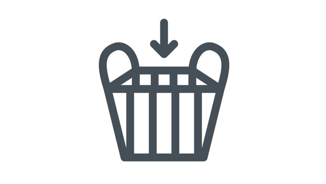 Minimalist black vector icon of a shopping basket with a downward arrow, representing the action of adding items to a cart for e-commerce, retail, and online shopping. Scalable illustration.
