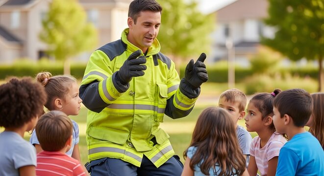 Young students learn about emergency response from a firefighter in a neon jacket. A bright, educational photo ideal for community awareness programs and fire department outreach materials