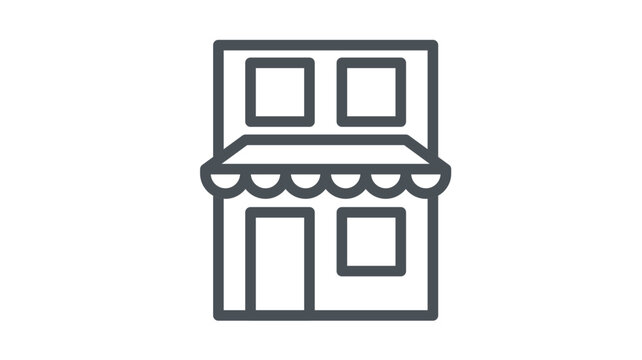 Minimalist black vector icon illustration of a two-story shop or storefront building with a striped awning, windows, and a door, isolated on a white background for business and retail design.