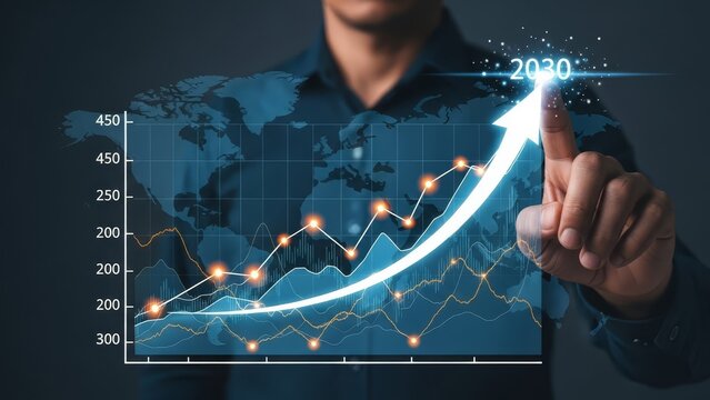 Person's hand touches a luminous 2030 financial growth chart indicating future business projections.