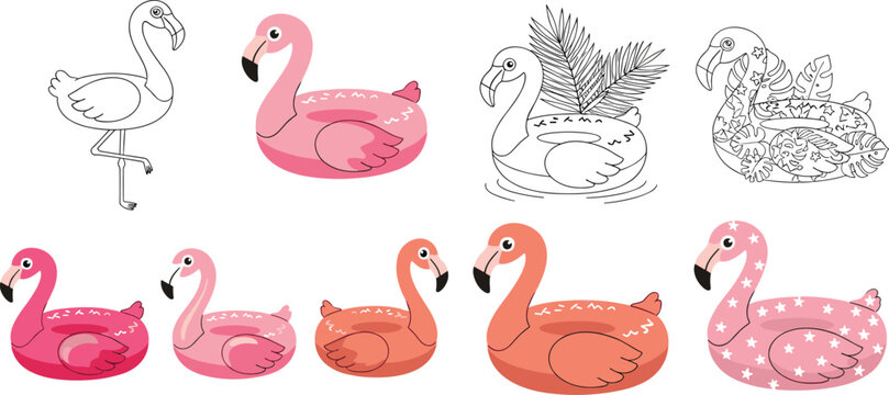 Pink flamingo pool float collection featuring inflatable rings with tropical patterns stars and hand drawn summer vacation beach elements for leisure design, vector illustration.