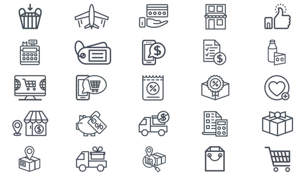 25 Black Vector Icon Set Collection Bundle: Minimalist Symbols for E-commerce, Business, Finance, Shopping, Delivery, Logistics, Retail, Banking, Travel, Social Media, and Digital Marketing Apps.