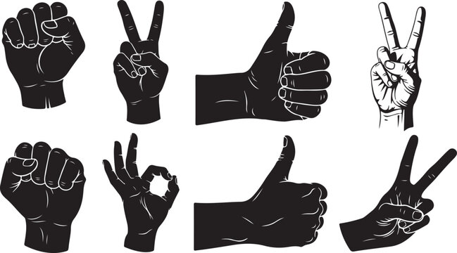 Hands displaying a thumbs up and peace sign in black and white Silhouette vector