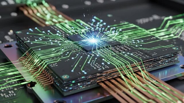 Advanced processor on futuristic circuit board powers EV technology with clean energy flow for powerful data processing innovation