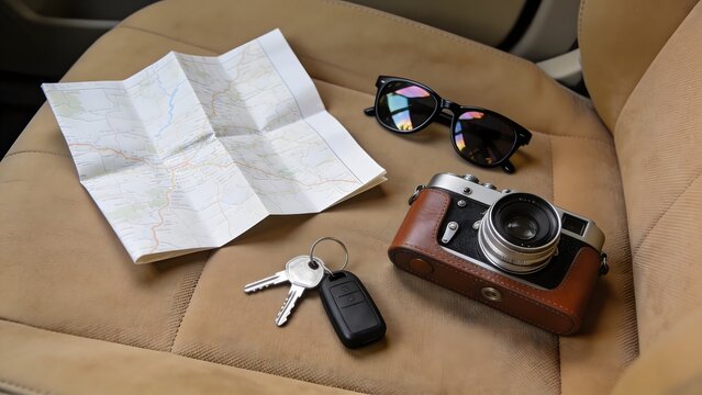 Road trip essentials laid out on a car seat, ready for an adventure.