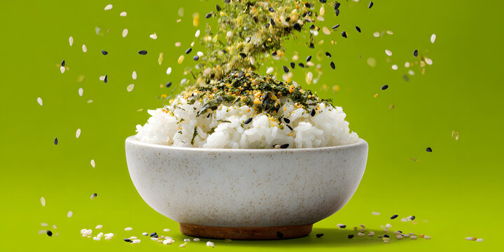 Furikake seasoning being sprinkled over bowl of white rice, vibrant green background, delicious asian cuisine.