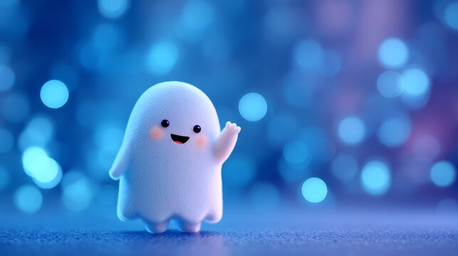 Enchanting cartoon spectre, waving amiably on a luminous cerulean ethereal backdrop